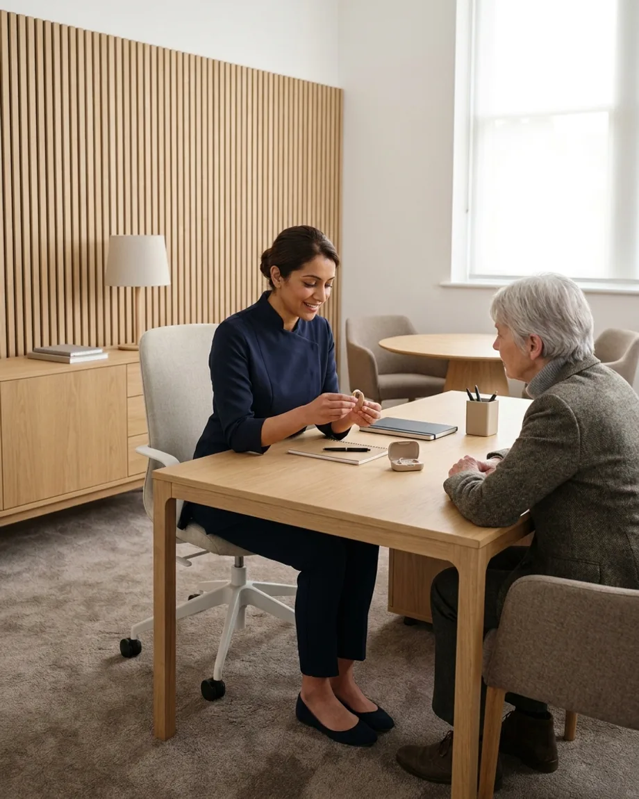 An audiologist examining an older patient’s hearing aid across the desk at a VIP Hearing Solutions clinic