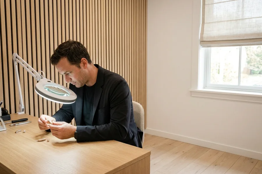 An audiologist examining a hearing aid closely under an illuminated magnifier lamp
