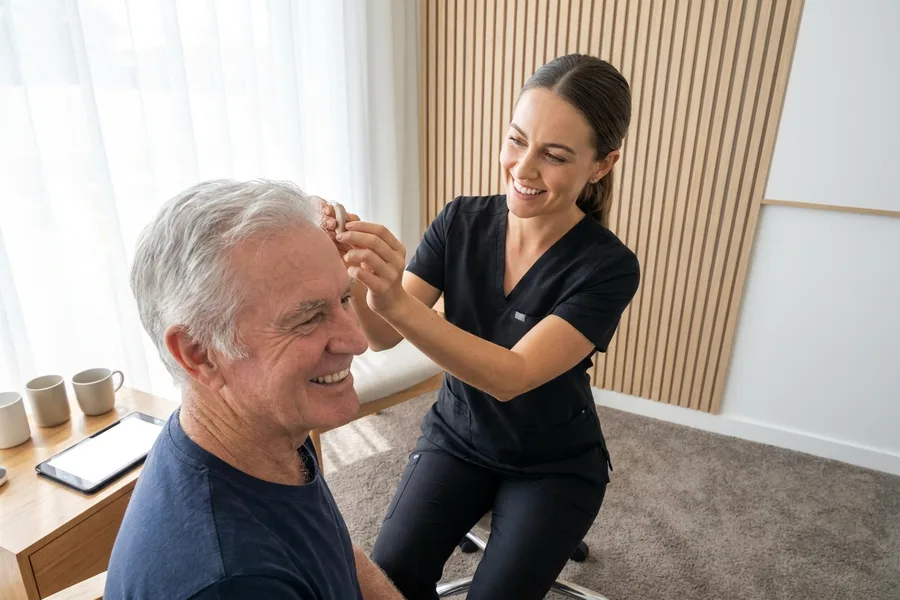 An audiologist refitting a repaired hearing aid onto the ear of a smiling older man