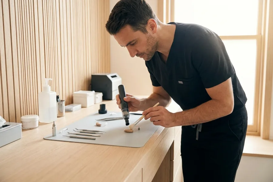 An audiologist cleaning a hearing aid at a repair bench with a vacuum tool and brush