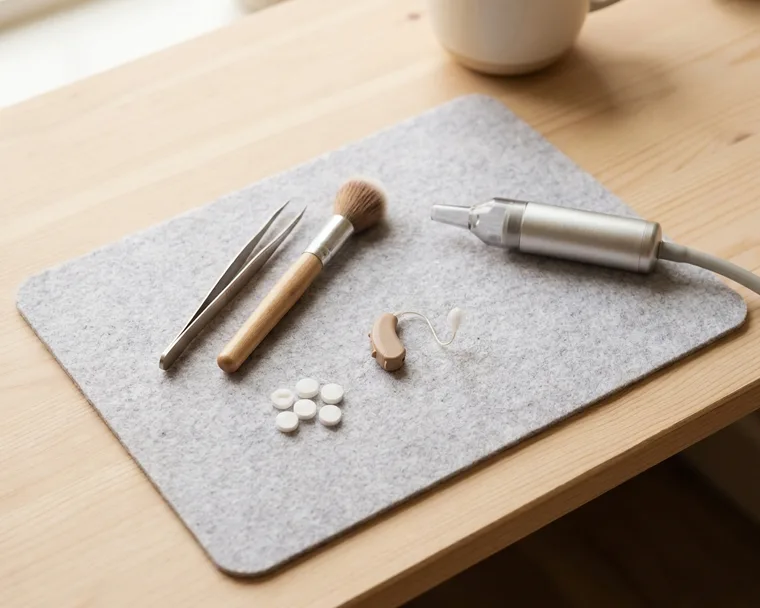 Hearing aid repair tools laid out on a work mat — fine tweezers, a cleaning brush, a vacuum tool and replacement wax filters