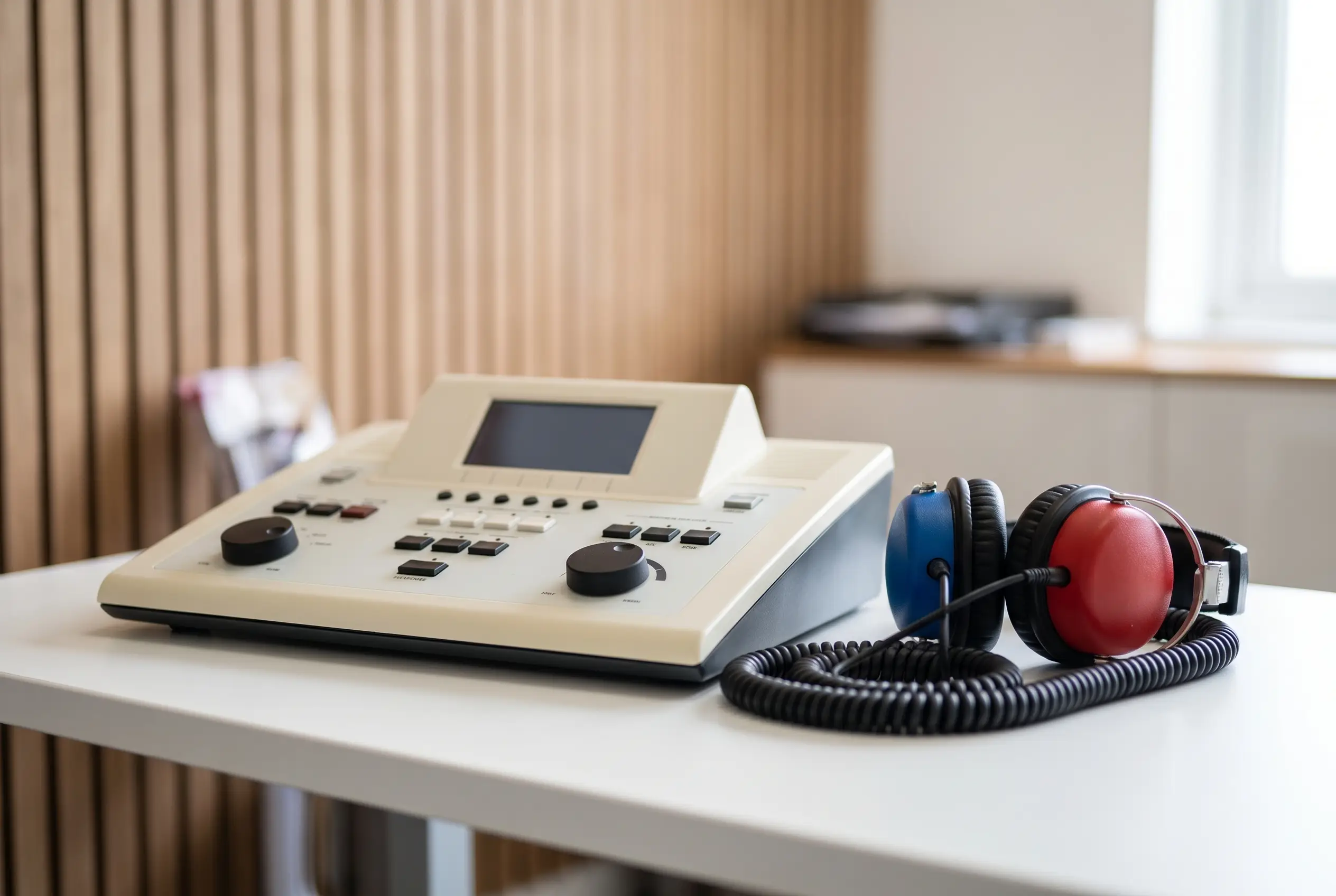 A calibrated audiometer with red and blue audiometric headphones