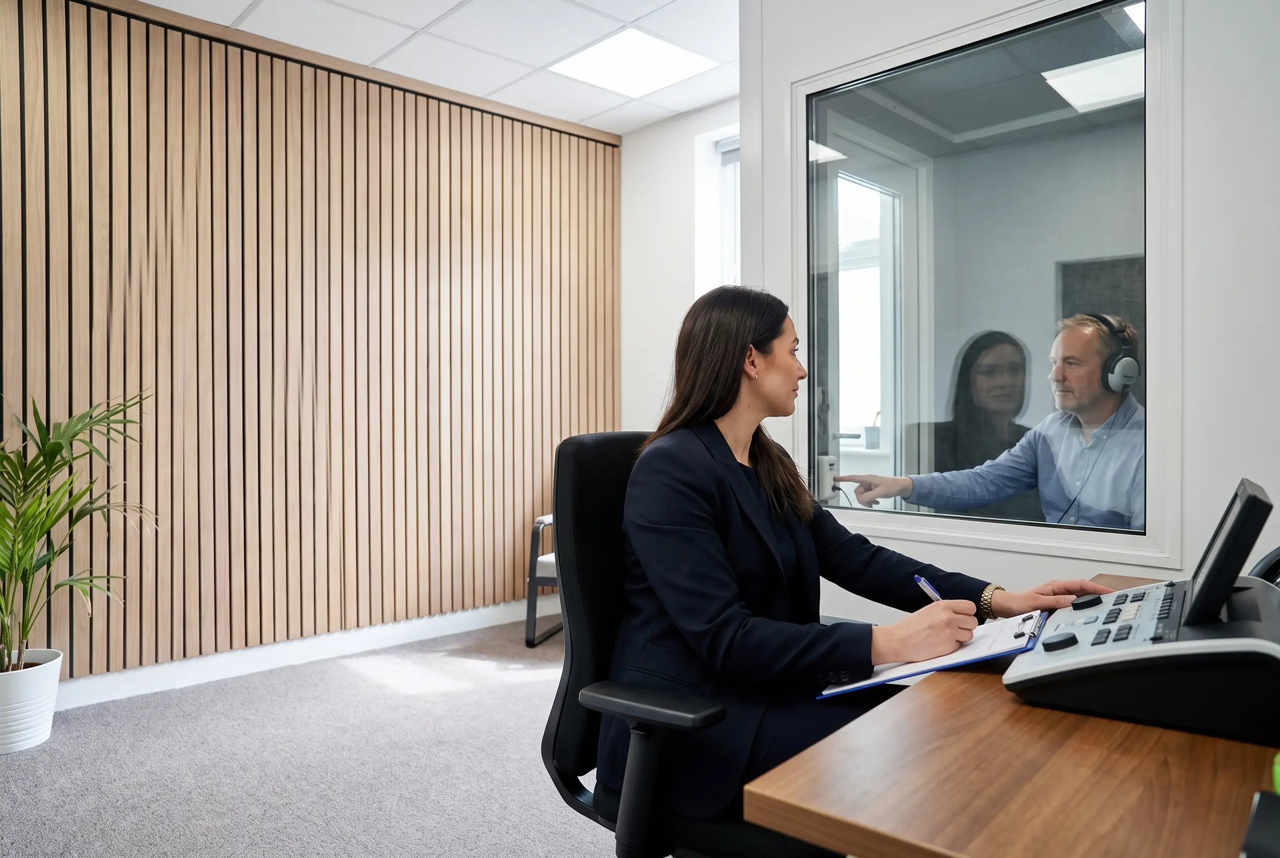 An audiologist at the audiometer console while a patient responds in the soundproof booth