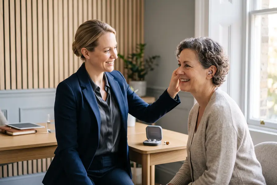 An audiologist fitting finished custom ear plugs and checking the seal with a smiling patient