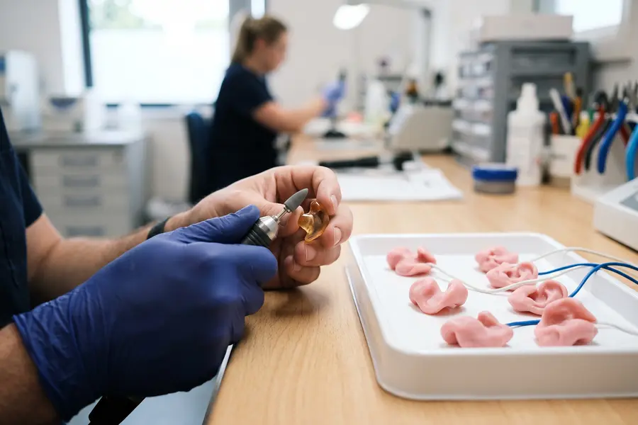 A technician finishing a custom ear plug beside silicone impressions in a UK lab