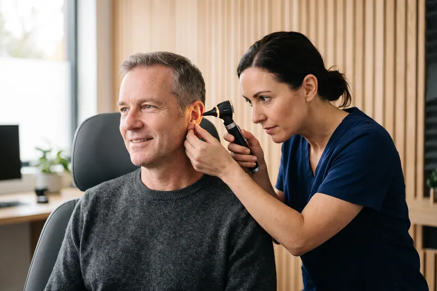 An audiologist examining a patient's ear canal with an otoscope before taking an impression