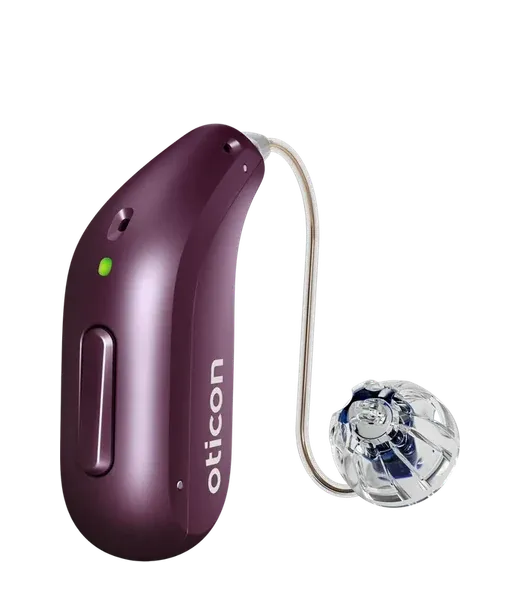 An Oticon Reveal hearing aid in Deep Plum