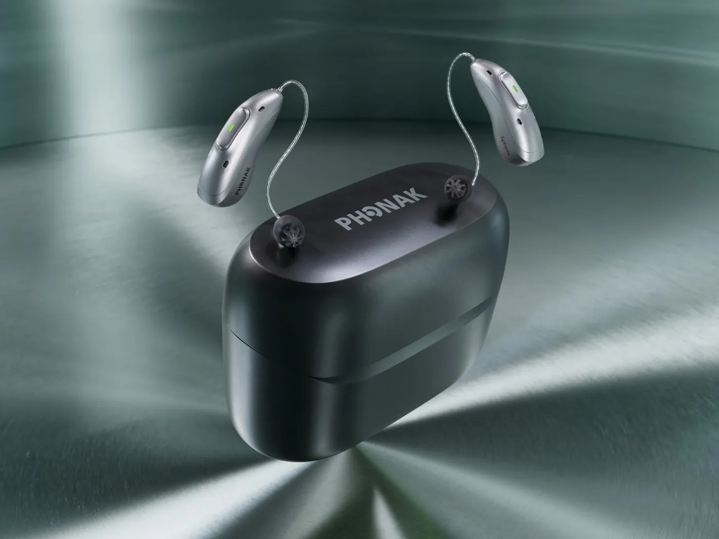 The Phonak ChargerGo case open with a pair of Audéo EON hearing aids inside