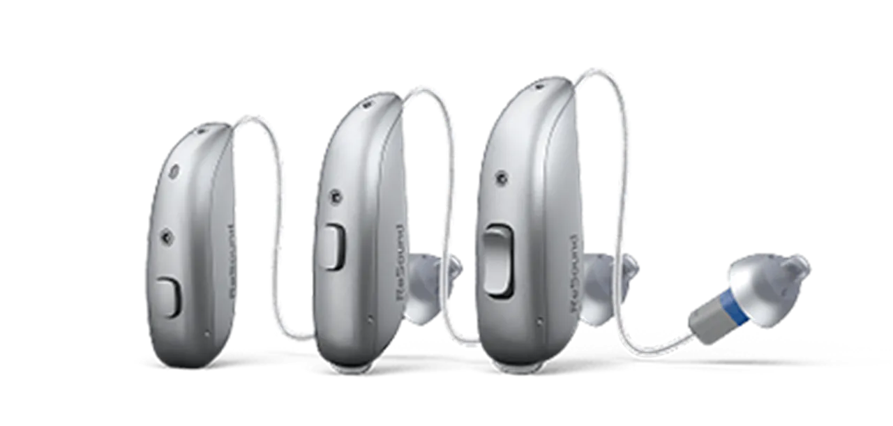 The three ReSound Sensia Receiver-in-Ear styles in Sparkling Silver: the microRIE 60S, the RIE 61 and the RIE 62