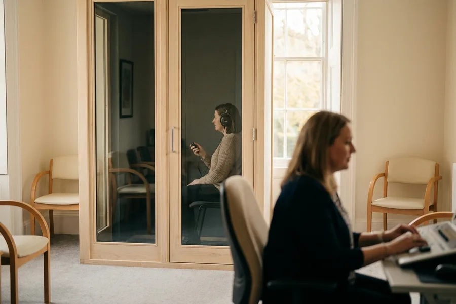 A patient wearing audiometry headphones inside a soundproof booth during a hearing test