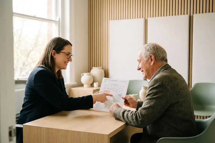 An audiologist explaining a hearing chart to a patient while agreeing a tinnitus management plan