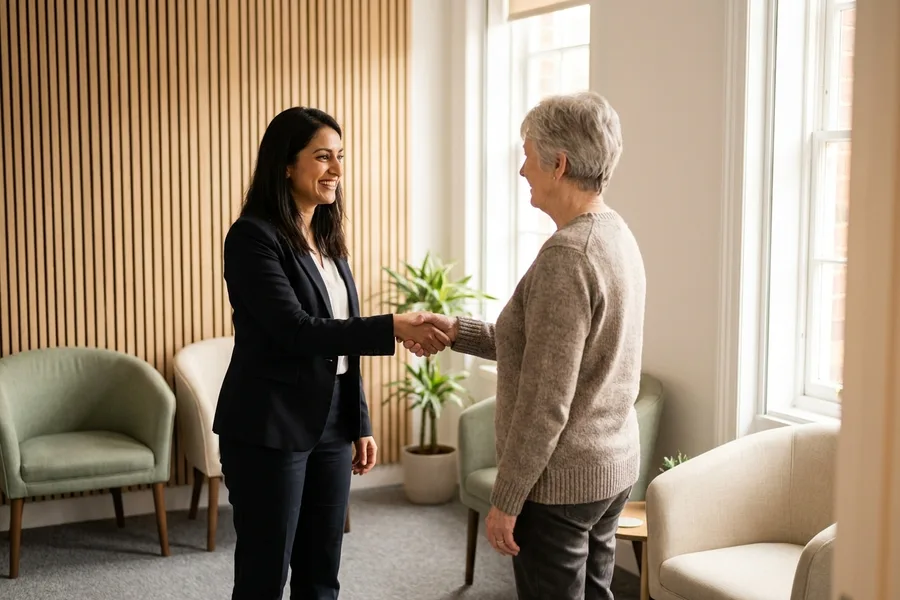 An audiologist and a patient shaking hands at the end of a tinnitus follow-up appointment