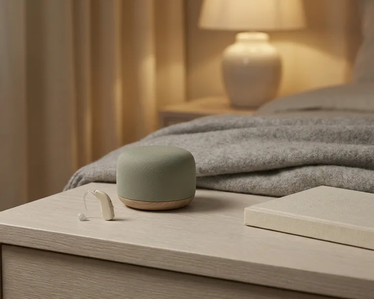 A hearing aid and a bedside sound-enrichment speaker on a timber surface in warm evening light