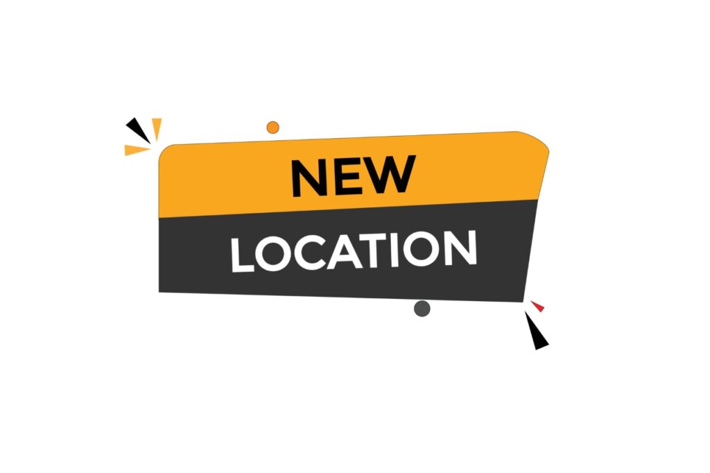 words "new location" in yellow and gray background
