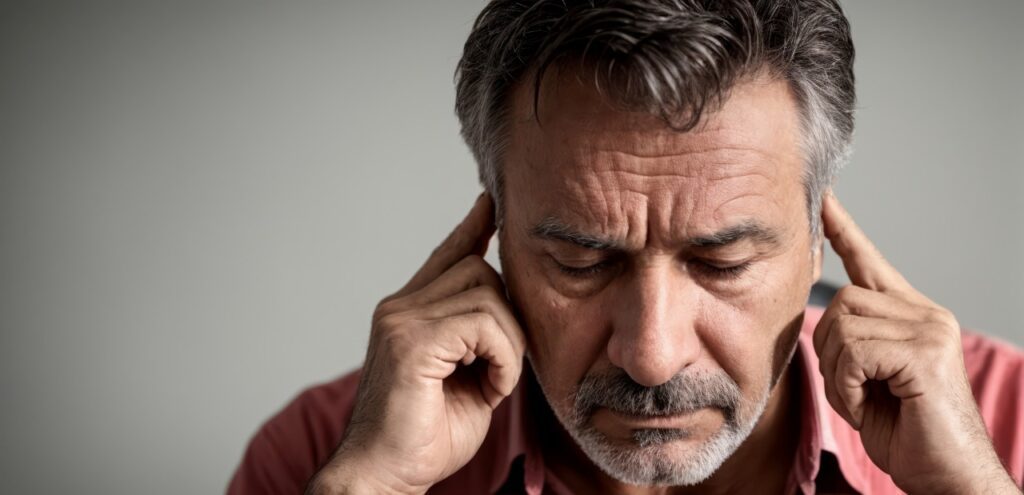 middle aged man with his fingers cover his ears in pain