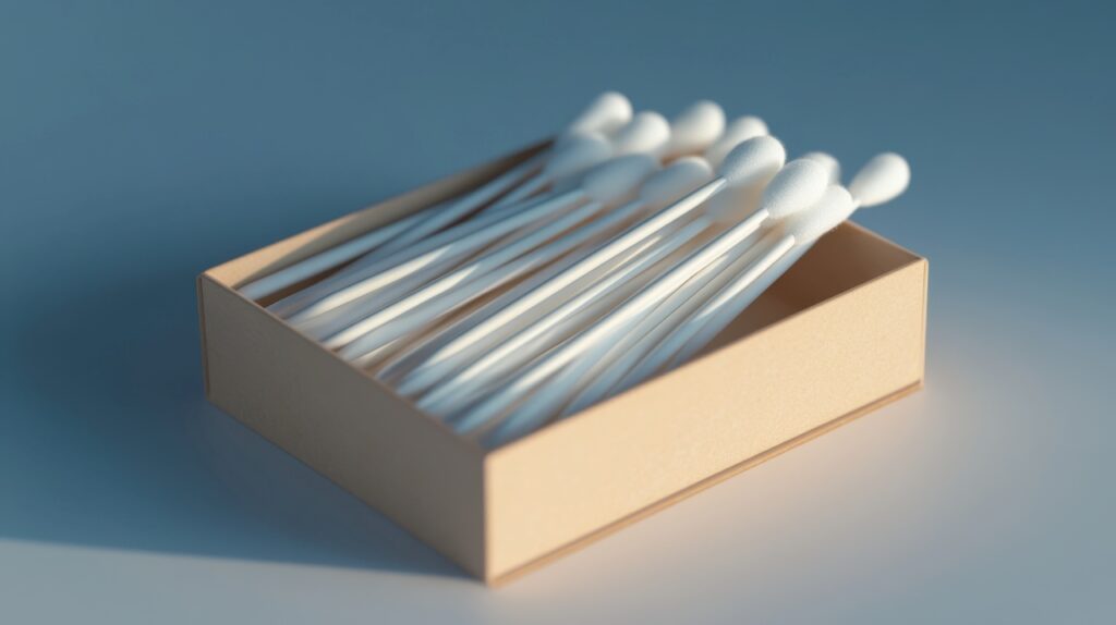 Box of cotton swabs neatly arranged on a flat surface in soft lighting