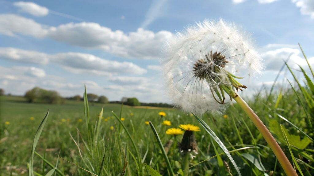 Dandelion Seed Head Close-Up in Sunny Meadow