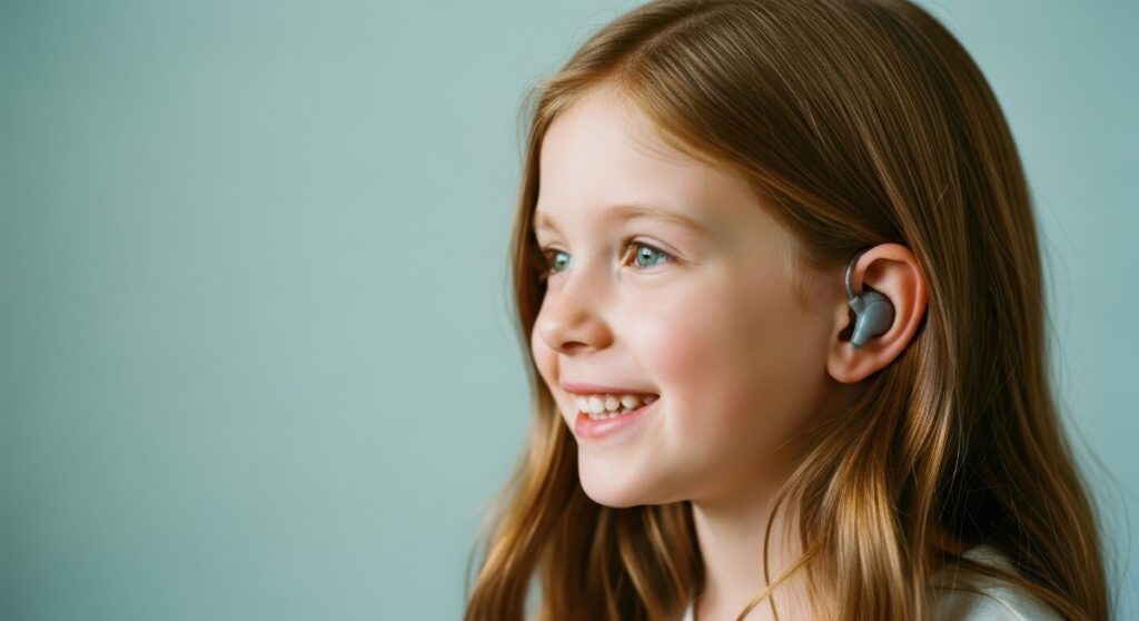 smiling little girl wearing a hearing aid