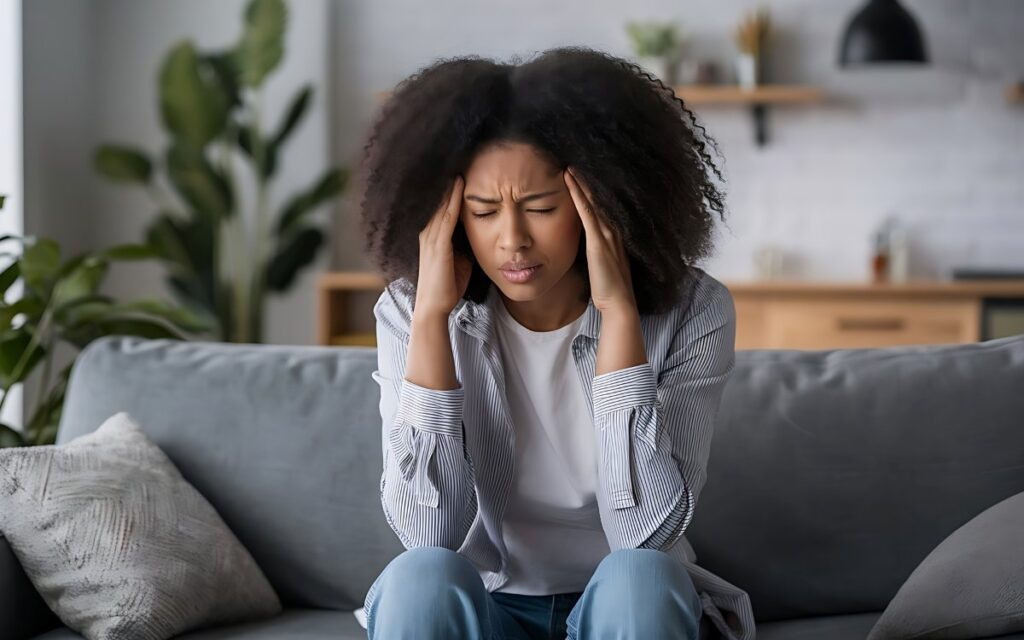 woman with curly hair sitting on a sofa with her hands on her temple