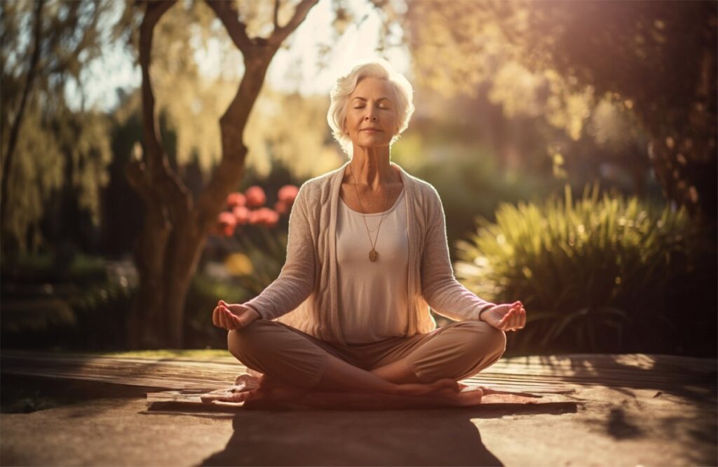 elderly woman doing yoga outdoors