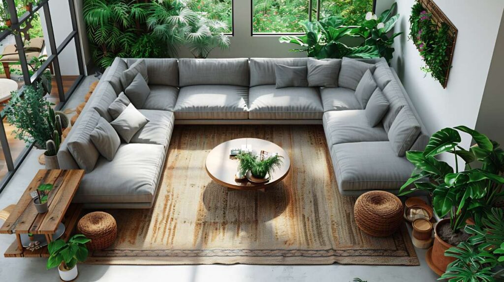 Top down view of cozy living room with a sectional sofa coffee table