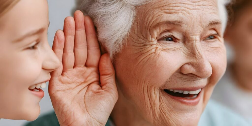 young girl whispers a secret into an elderly womans ear