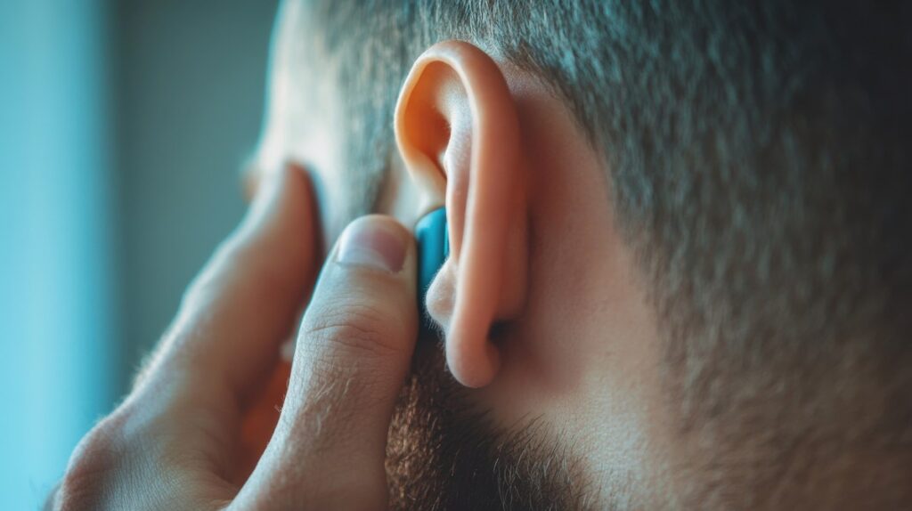 Man inserting wireless earbud into his ear