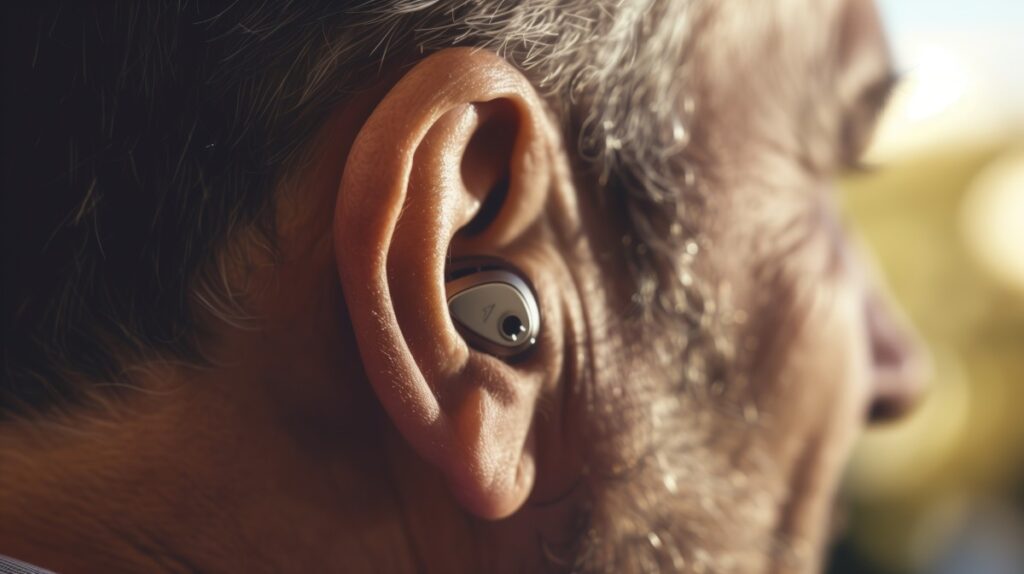 An Elderly Man Listens to Music Through Wireless Earbuds While Outdoors in Nature