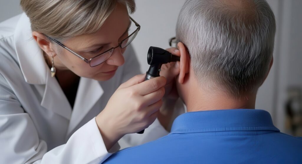 doctor checking an elderly patient's ear