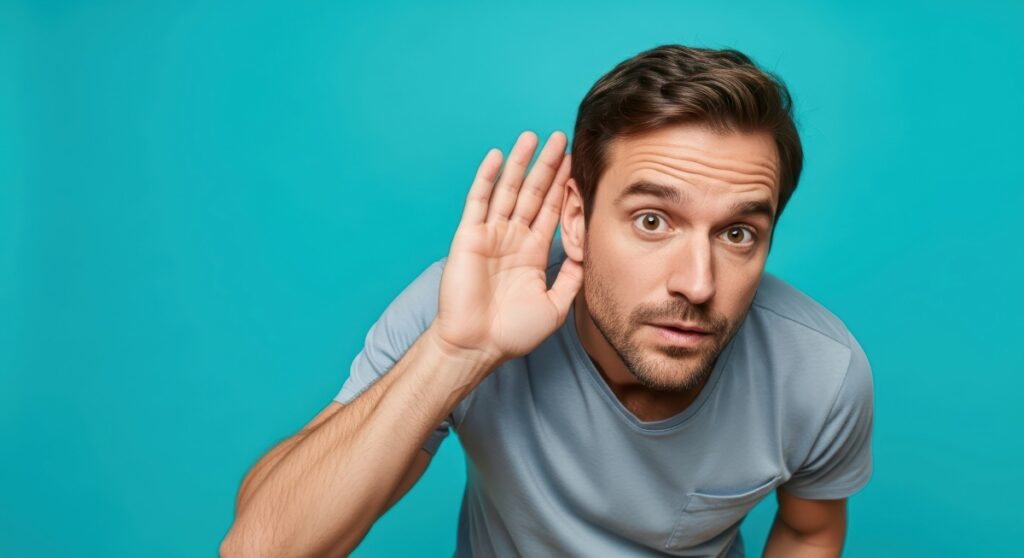 man with his hand on his ear having a hard time hearing