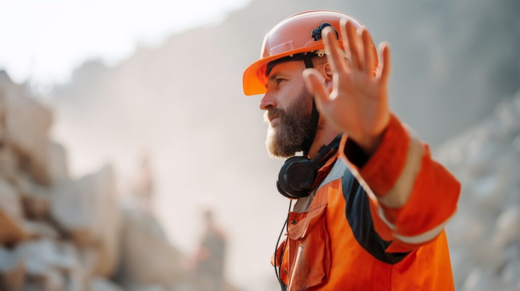 Construction worker in orange safety helmet and vest showing stop hand gesture at outdoor site