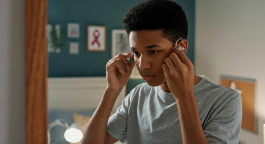 Young Black man using hearing aids in bedroom
