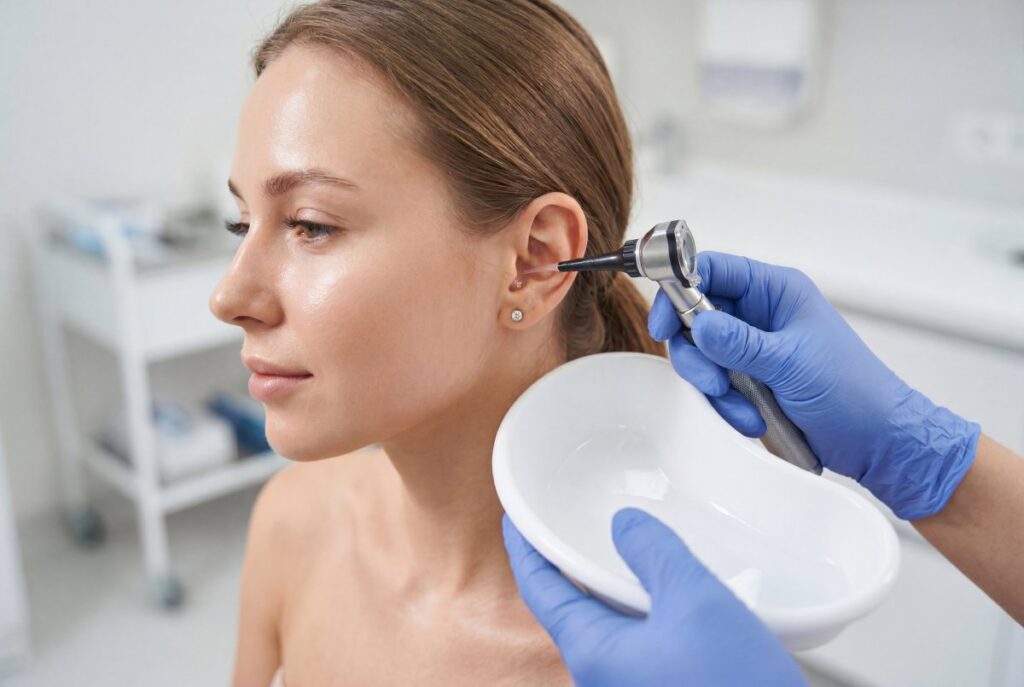 Healthcare provider performing professional ear cleaning on a young woman